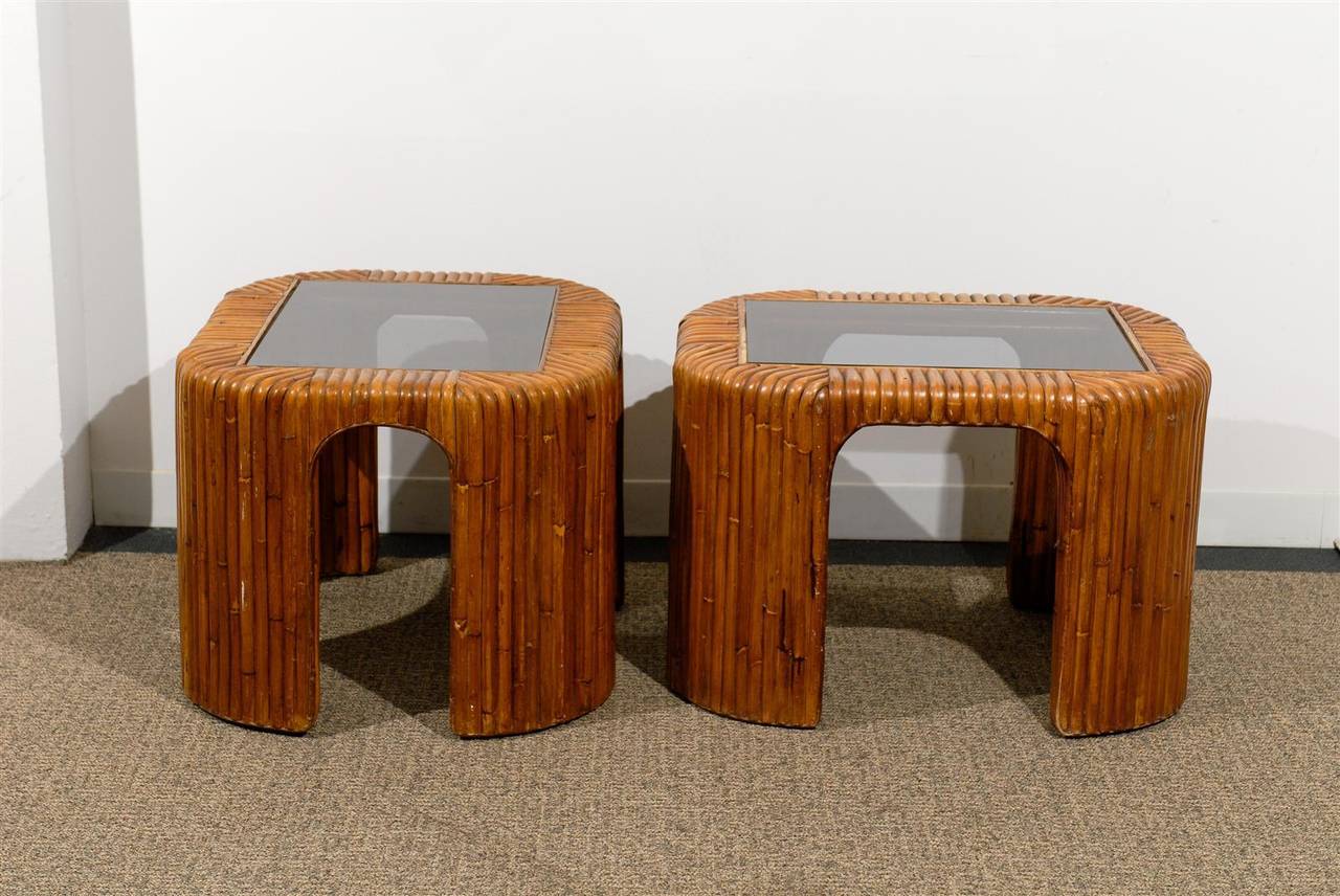 Unknown Pair of Mid-Century Bamboo Side Tables with Inserted Smoked Glass Tops