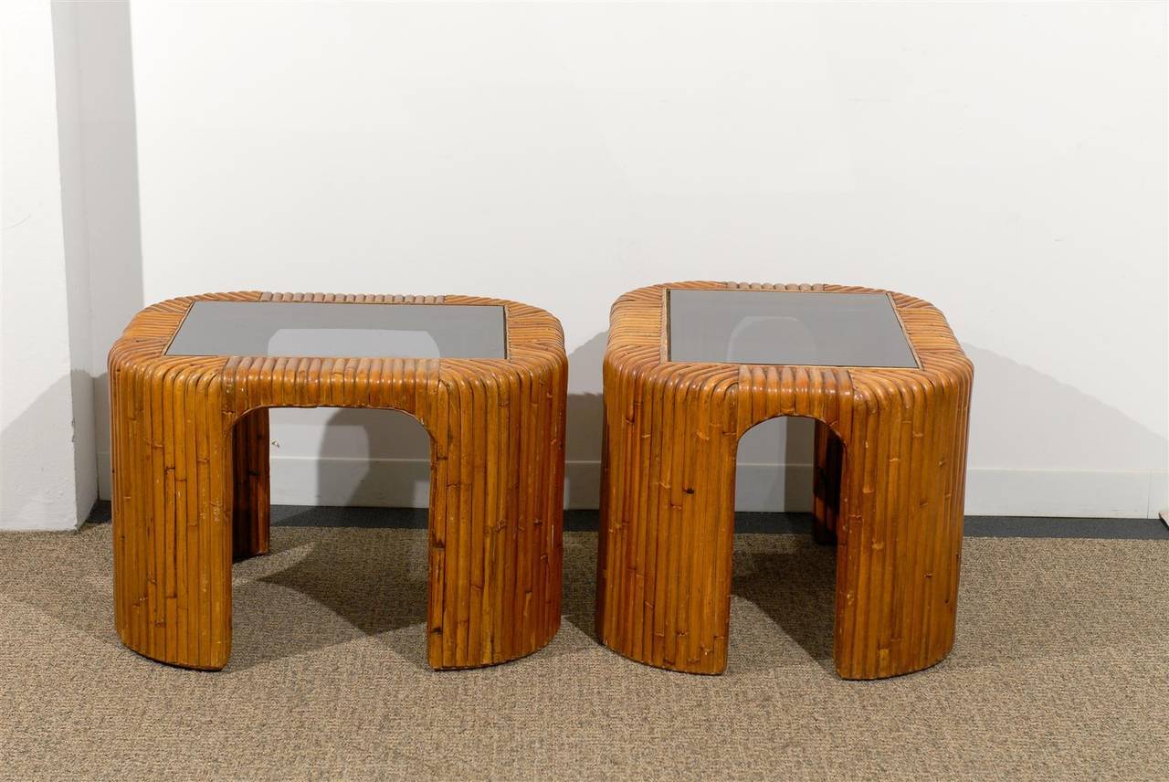 Pair of Mid-Century Bamboo Side Tables with Inserted Smoked Glass Tops 1