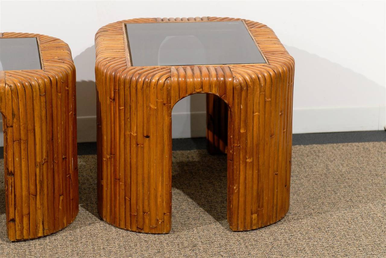 Pair of Mid-Century Bamboo Side Tables with Inserted Smoked Glass Tops 4