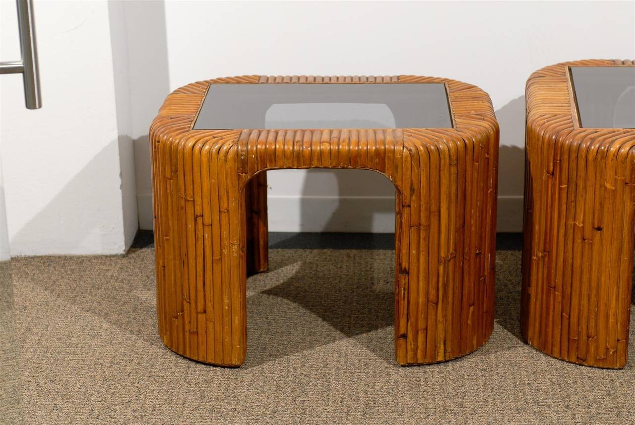Pair of Mid-Century Bamboo Side Tables with Inserted Smoked Glass Tops 2