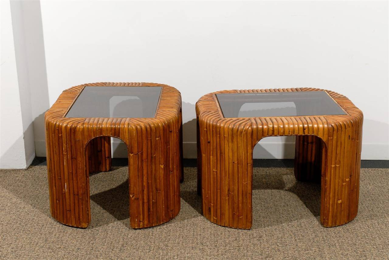 Pair of Mid-Century Bamboo Side Tables with Inserted Smoked Glass Tops In Excellent Condition In Atlanta, GA