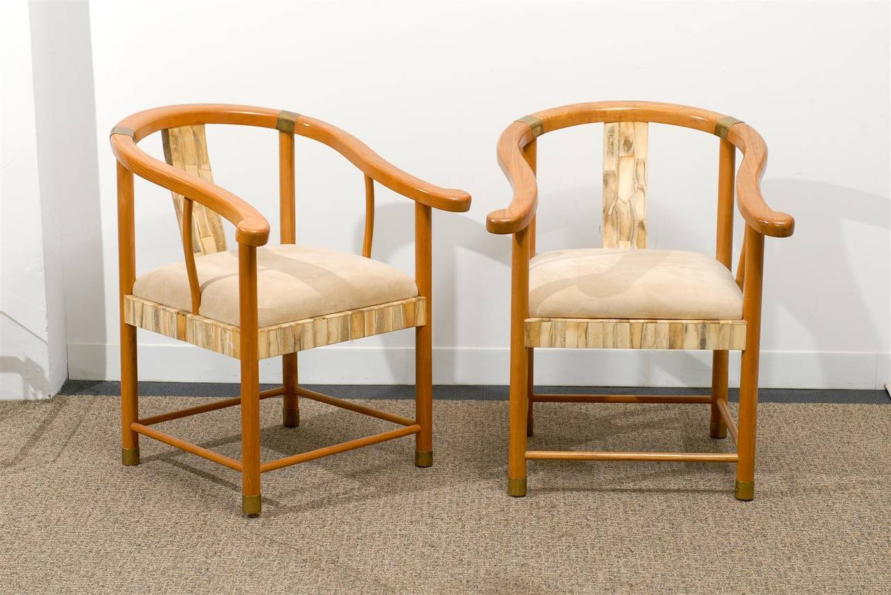 Pair of Asian inspired midcentury chairs with bone and brass detail, circa 1970s.