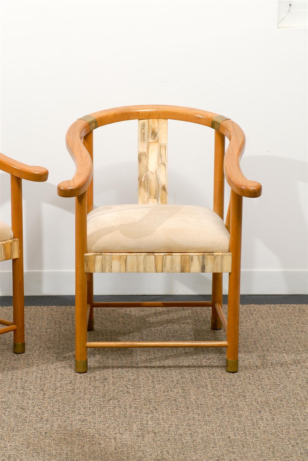 Pair of Asian Inspired Midcentury Chairs with Bone and Brass Detail For Sale 3
