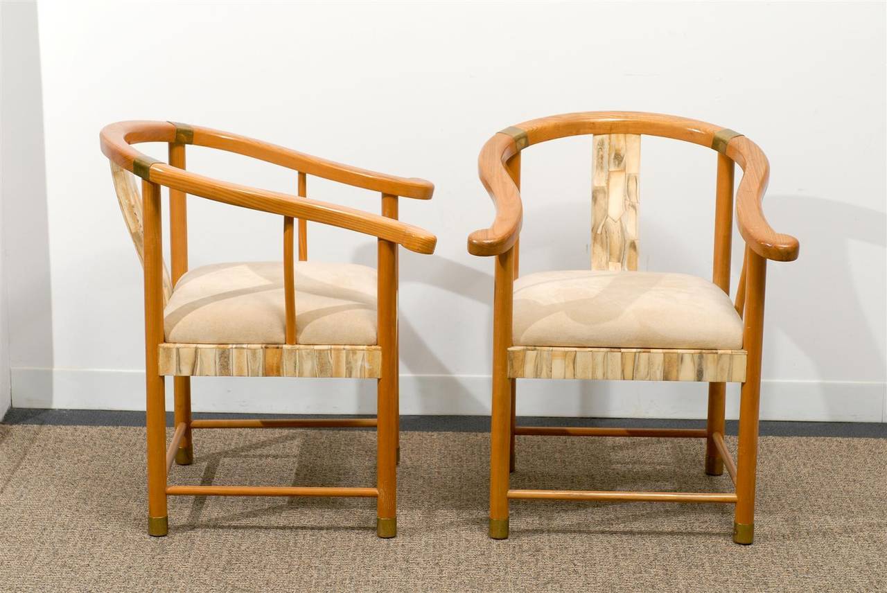 Late 20th Century Pair of Asian Inspired Midcentury Chairs with Bone and Brass Detail For Sale