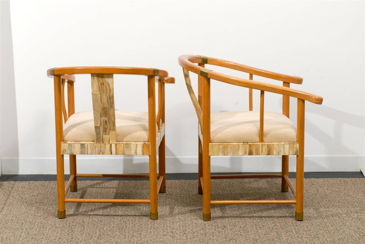 Pair of Asian Inspired Midcentury Chairs with Bone and Brass Detail For Sale 4