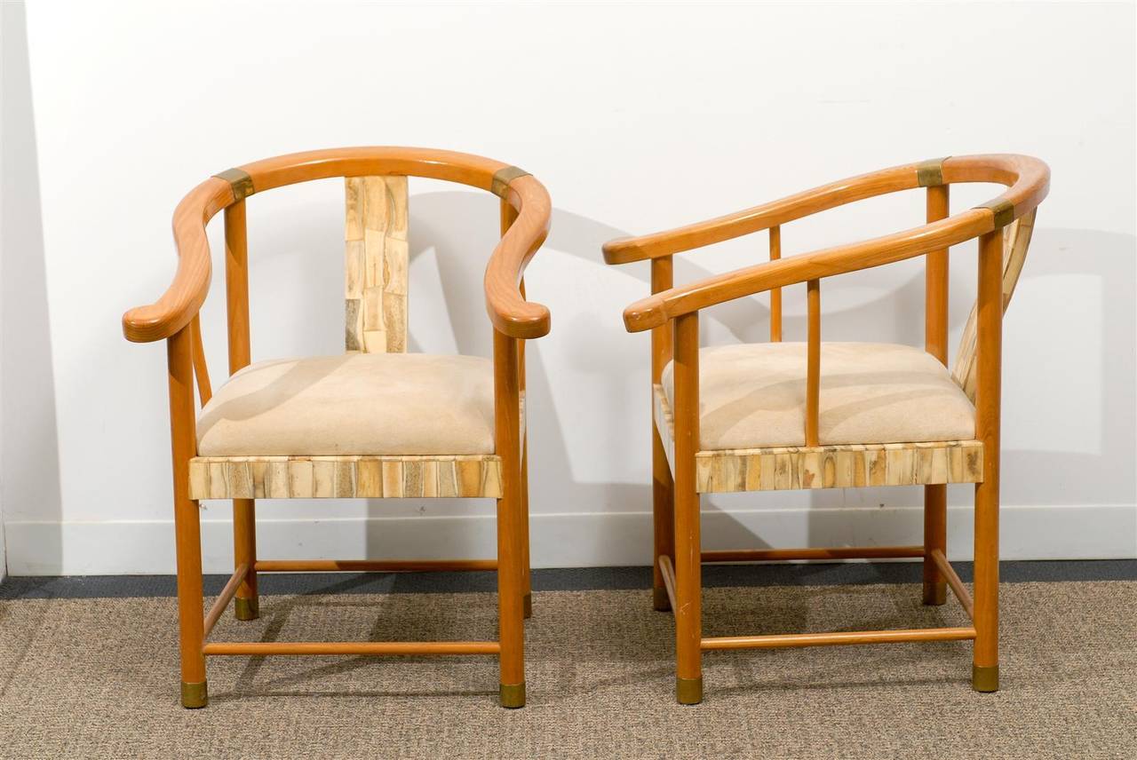 Pair of Asian Inspired Midcentury Chairs with Bone and Brass Detail In Excellent Condition For Sale In Atlanta, GA