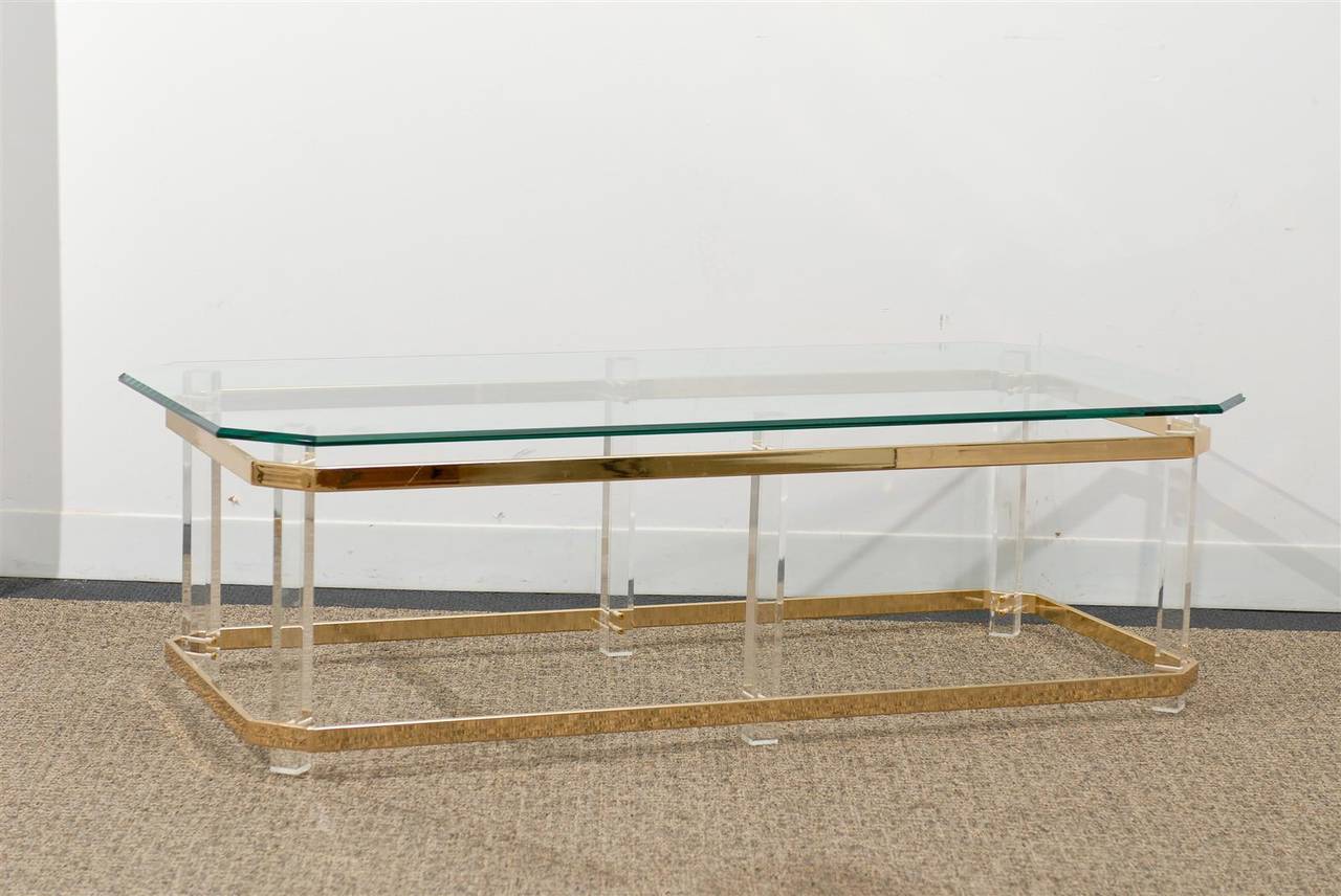 Charles Hollis Lucite Brass Coffee Table with Beveled Glass Top. Excellent Vintage Condition!