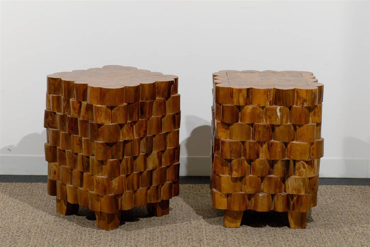 Pair of sliced stacked wooden side tables, circa 1970. Origin: Belgium
very interesting design statement.