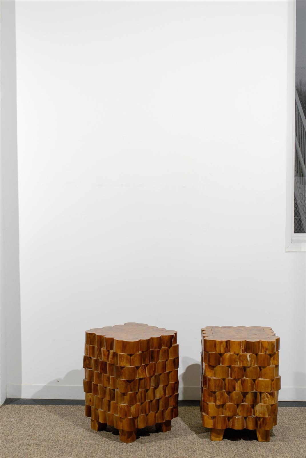 Brutalist Interesting Pair of Sliced Stacked Wooden Side Tables