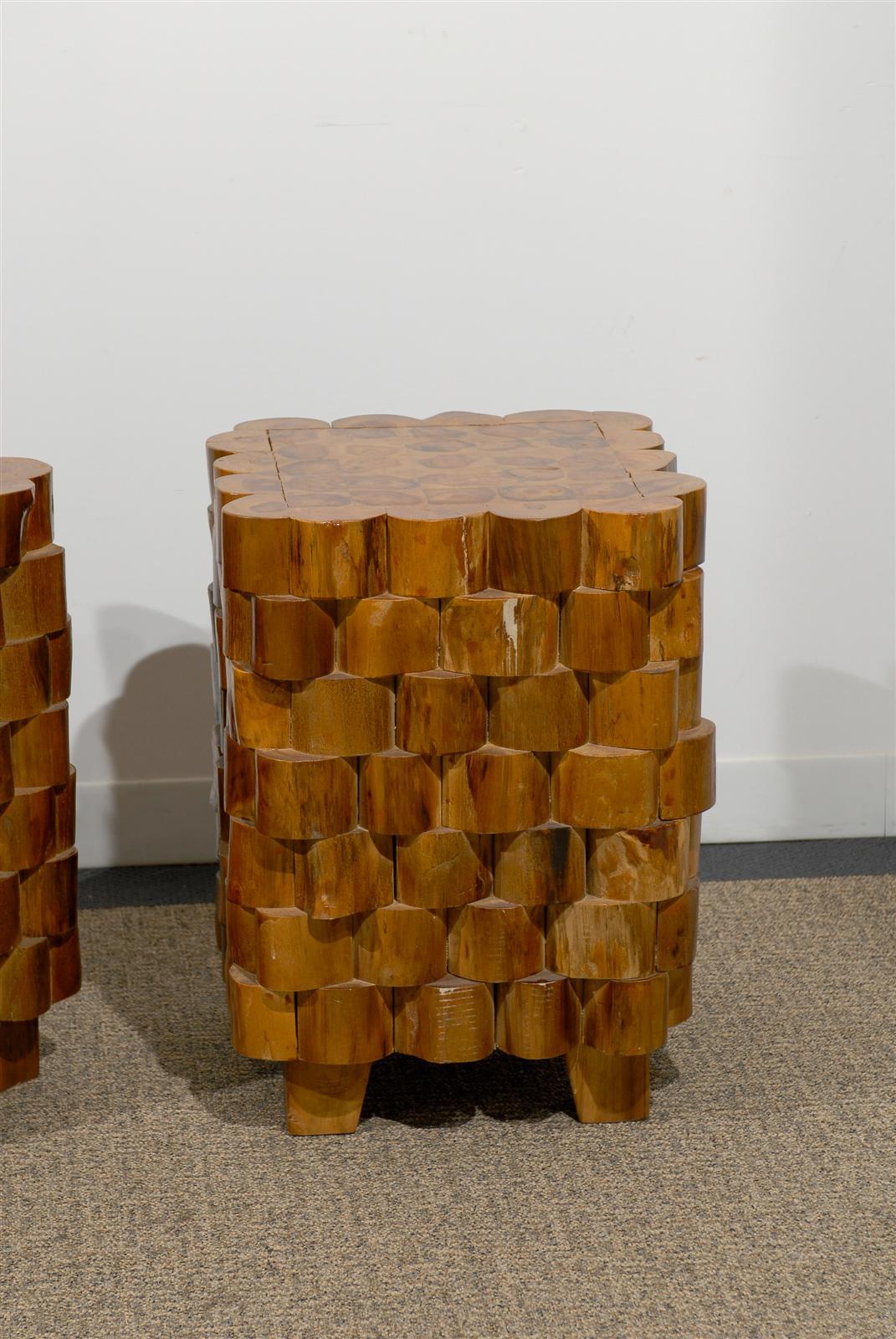 Interesting Pair of Sliced Stacked Wooden Side Tables 3