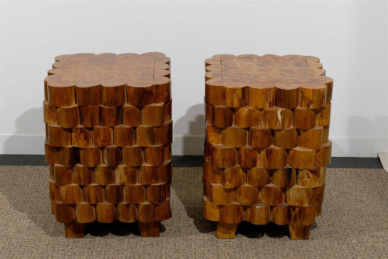 Interesting Pair of Sliced Stacked Wooden Side Tables 1