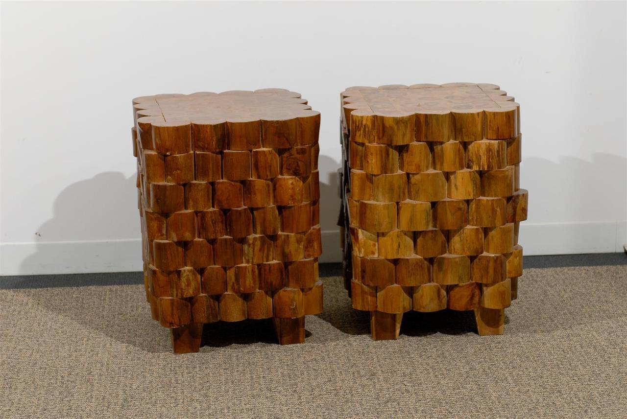 Interesting Pair of Sliced Stacked Wooden Side Tables 2