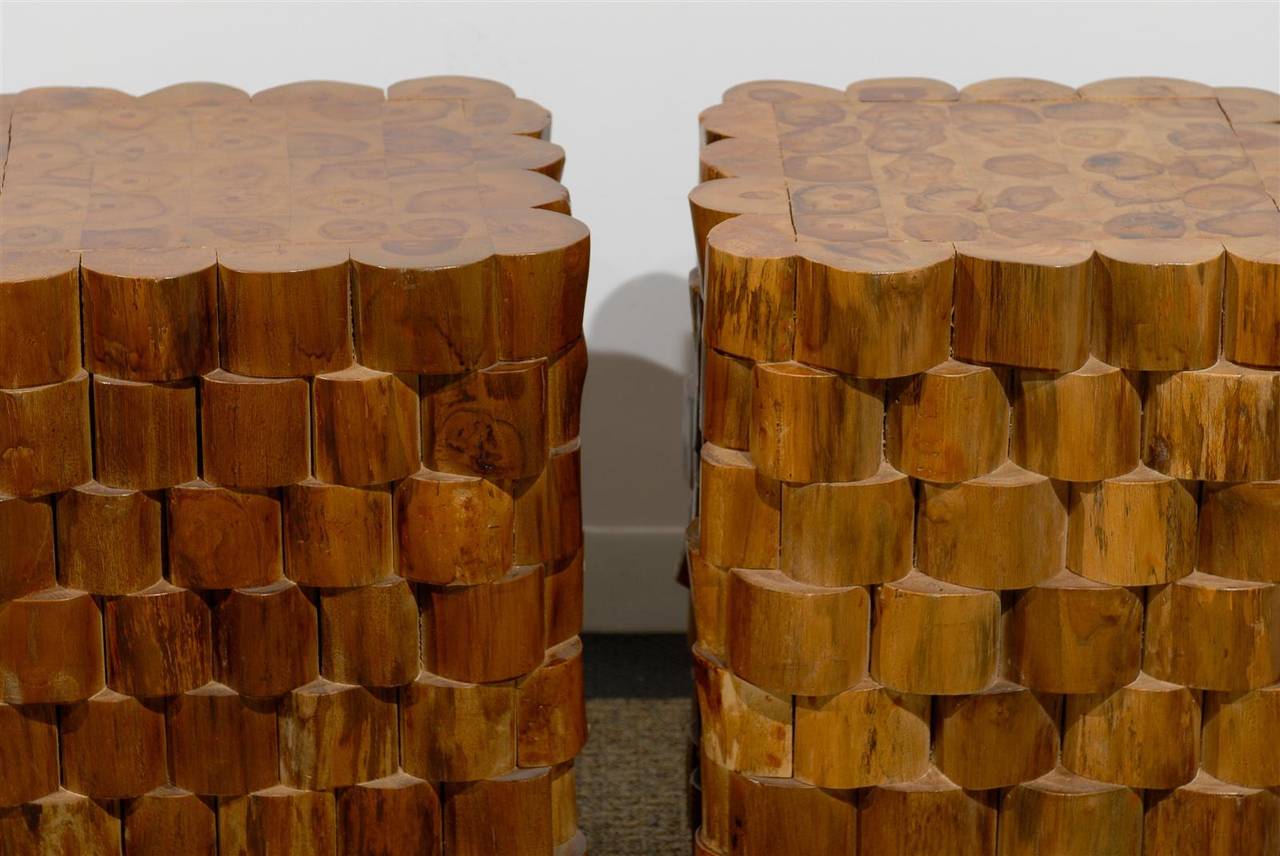 Late 20th Century Interesting Pair of Sliced Stacked Wooden Side Tables