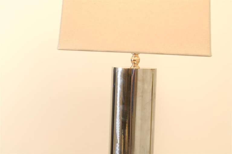 Late 20th Century Handsome Pair of Modern Cylinder Lamps in Nickel and Brass