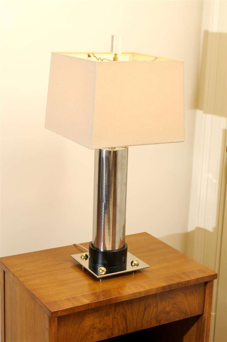 Handsome Pair of Modern Cylinder Lamps in Nickel and Brass 1