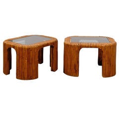 Pair of Mid-Century Bamboo Side Tables with Inserted Smoked Glass Tops