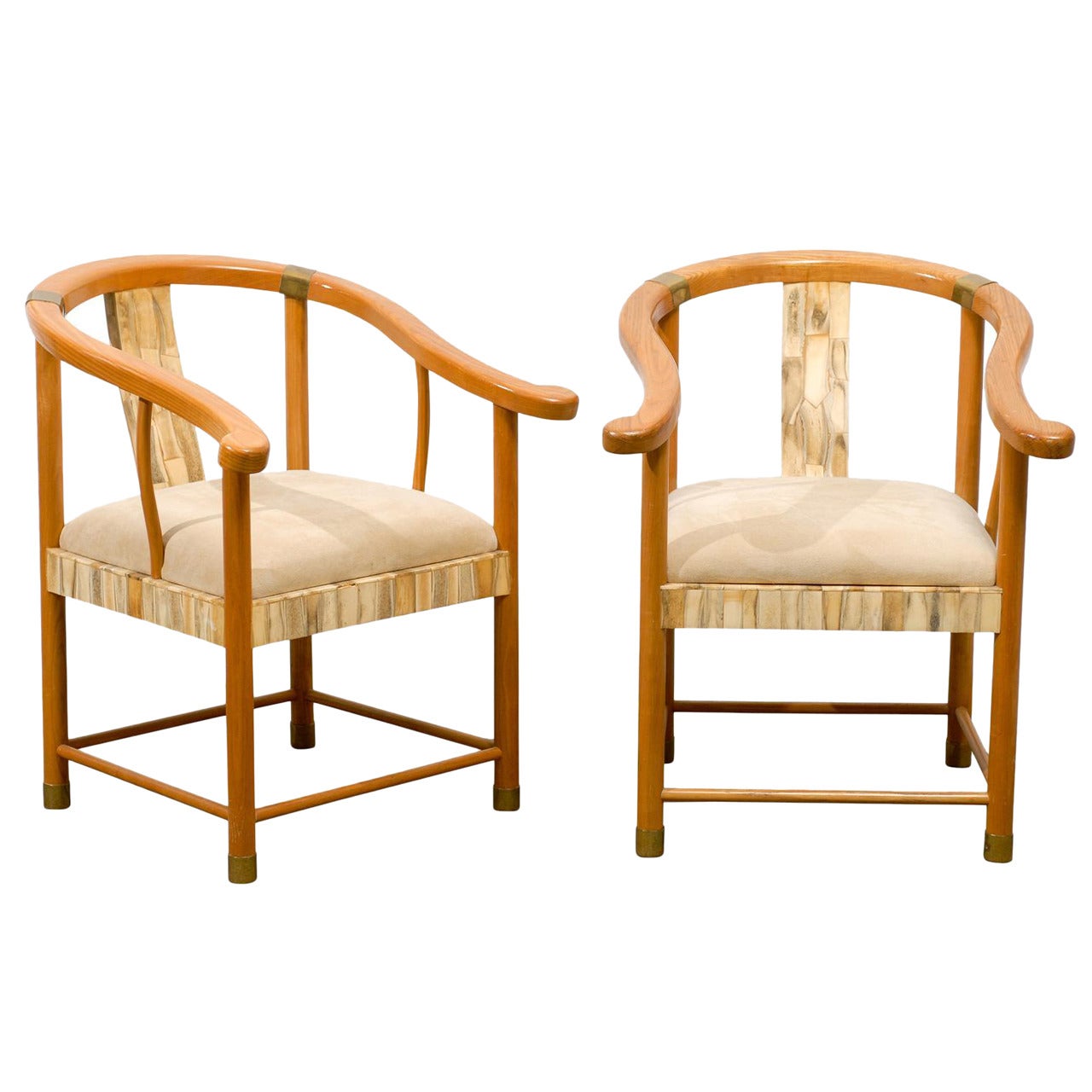 Pair of Asian Inspired Midcentury Chairs with Bone and Brass Detail For Sale