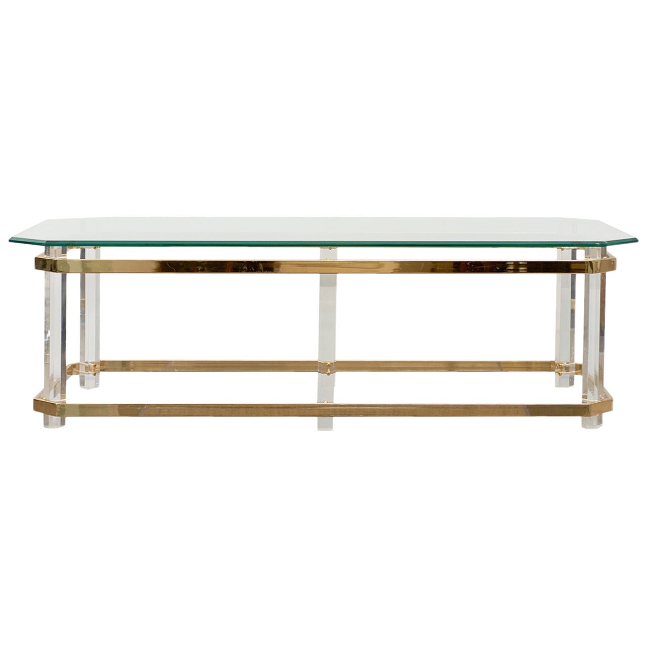 Lucite and Brass Coffee Table with 1/2" Clip Corner Beveled Glass Top