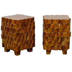 Interesting Pair of Sliced Stacked Wooden Side Tables