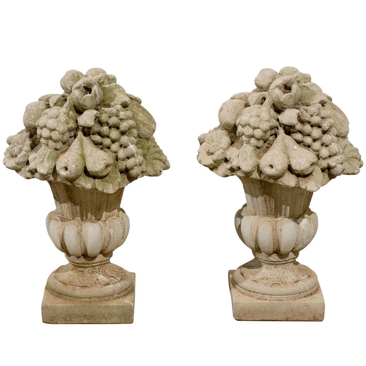 Pair of Fruit Baskets on Pedestals in Stone