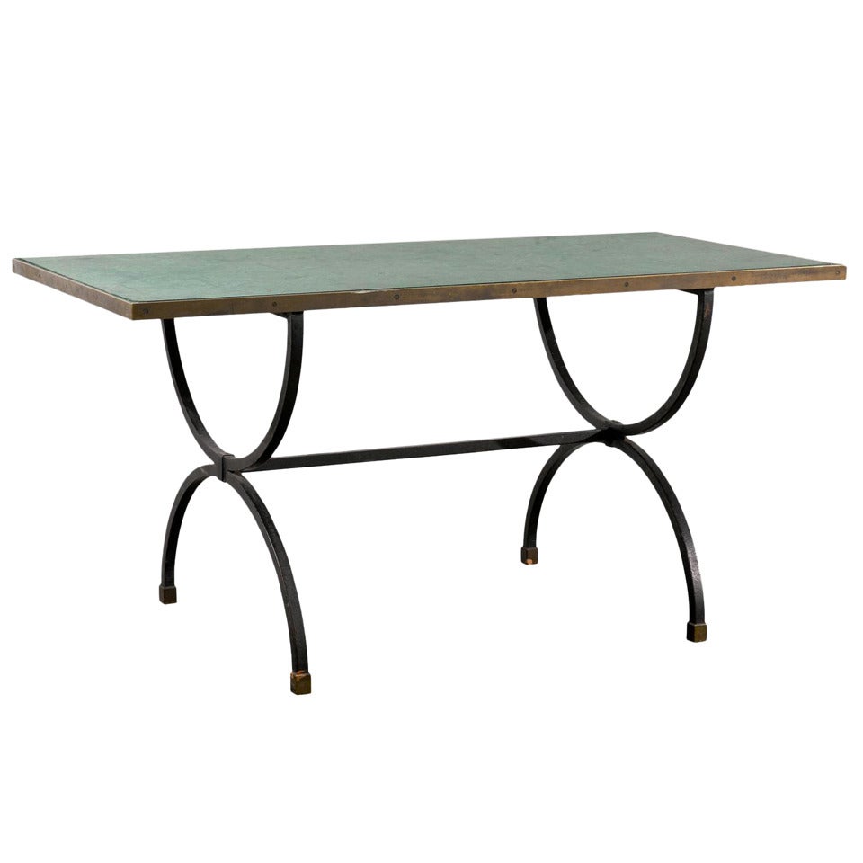 20th Century Iron Base Desk/Table with Scagliola Malachite Inserted Top For Sale
