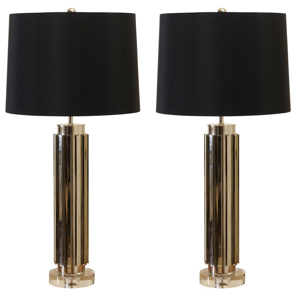 Sensational Pair of Vintage Fluted Cylinder Lamps in Nickel