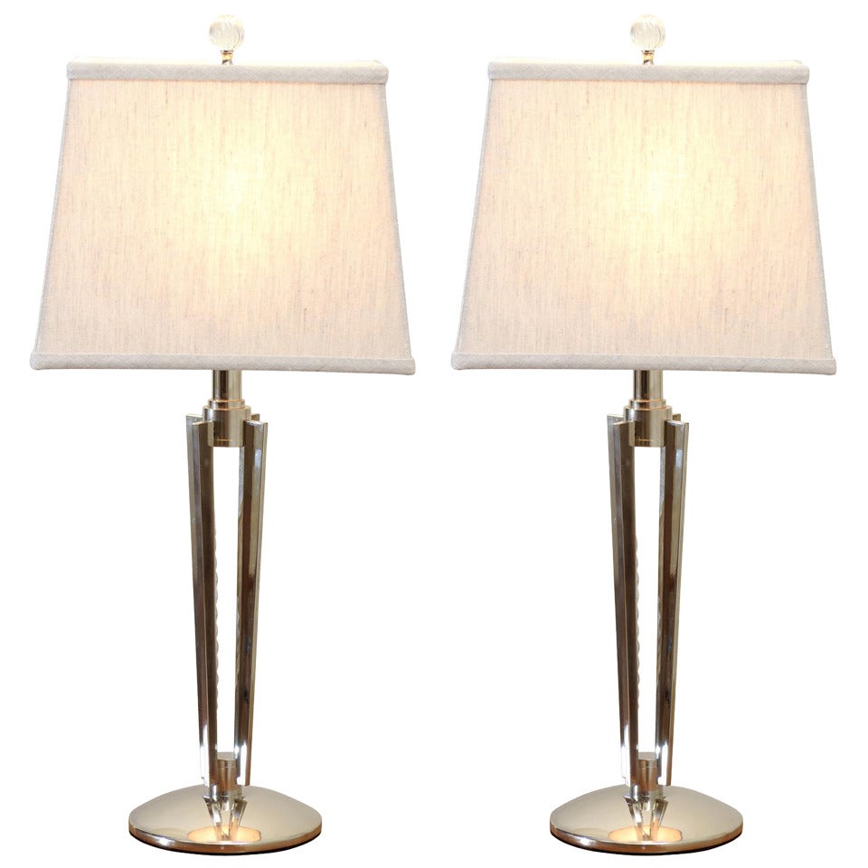 Exceptional Pair of Modern Lamps in Nickel For Sale