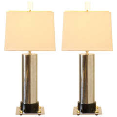 Handsome Pair of Modern Cylinder Lamps in Nickel and Brass