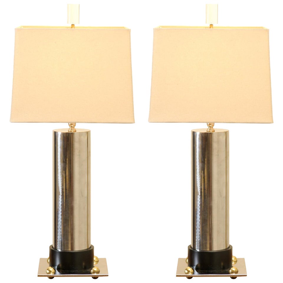Handsome Pair of Modern Cylinder Lamps in Nickel and Brass