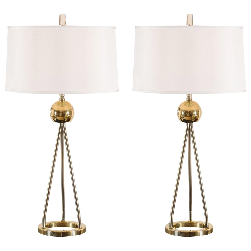 Stunning Pair of Sputnik Lamps in Nickel and Brass