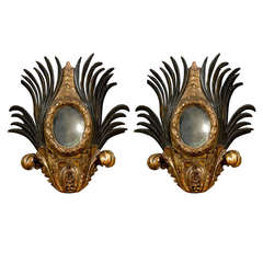 Pair of 19th Century Italian Carved Giltwood and Ebony Patina Mirrors