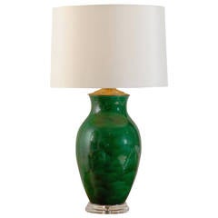 Green Glazed Lamp by Keramos on Lucite Base