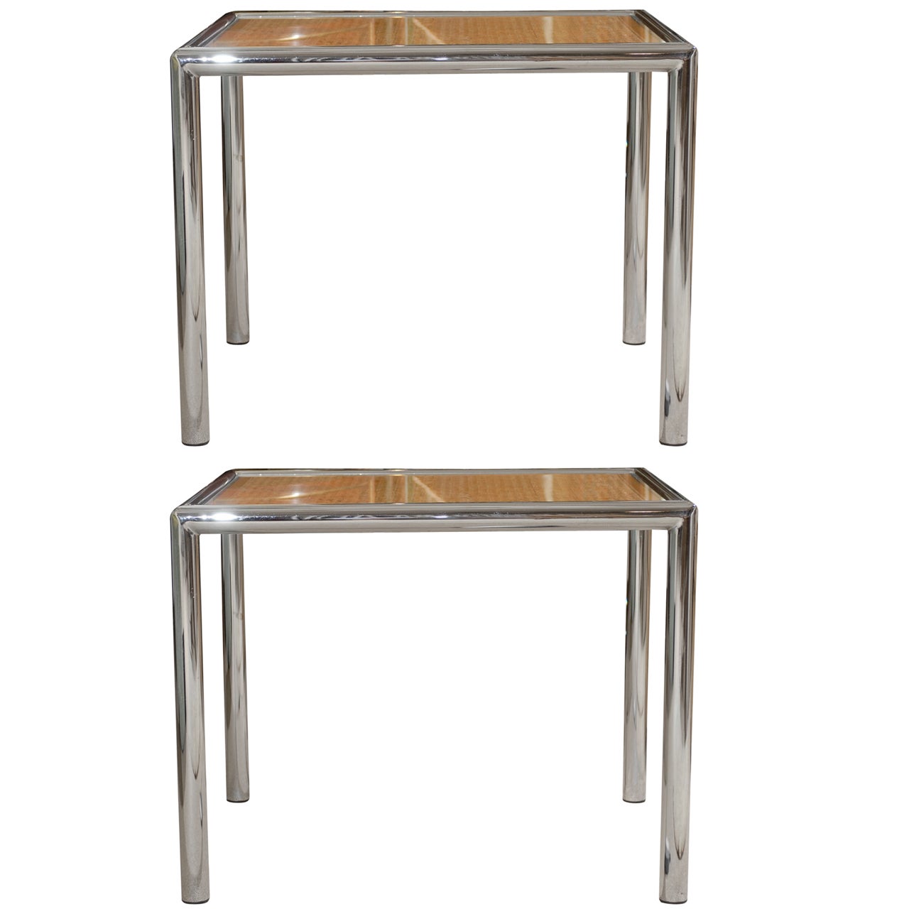 Pristine Pair of Cane and Chrome End or Side Tables, circa 1975