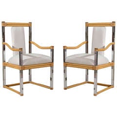 Pair of McGuire Style Chrome/Bamboo Armchairs in Cream Ultrasuede