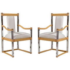 Pair of McGuire Style Chrome/Bamboo Armchairs in Cream Ultrasuede