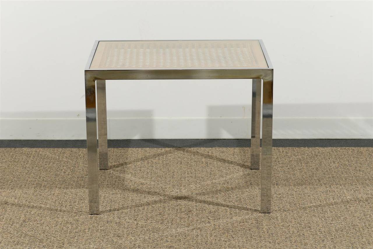 Mid-20th Century Pair of Caned Top and Chrome Base Side Tables with Glass Tops For Sale