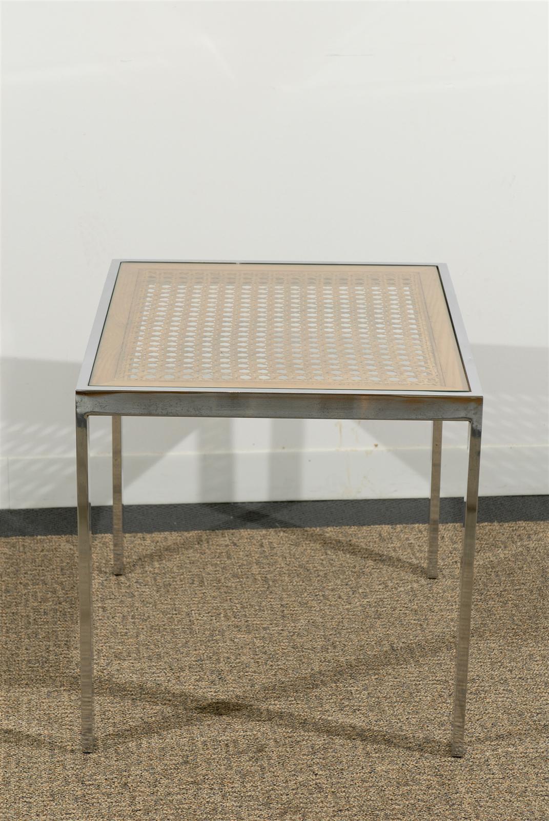 Caning Pair of Caned Top and Chrome Base Side Tables with Glass Tops For Sale