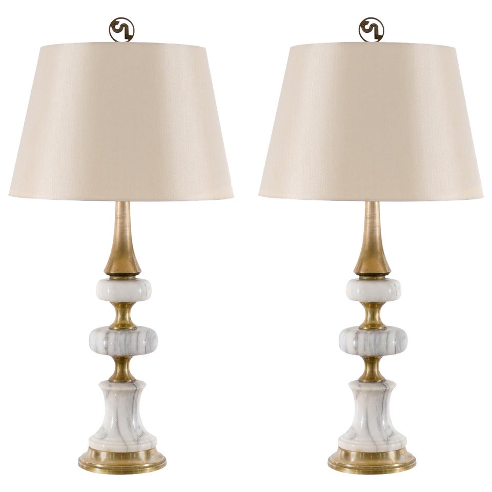 Elegant Pair of Vintage Marble and Brass Lamps