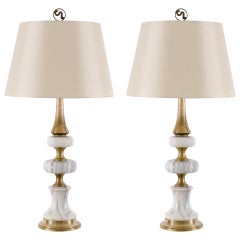 Elegant Pair of Vintage Marble and Brass Lamps