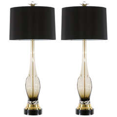 Fabulous Pair of Monumental Smoke Glass and Brass Murano Lamps
