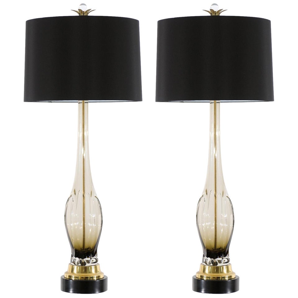 Fabulous Pair of Monumental Smoke Glass and Brass Murano Lamps