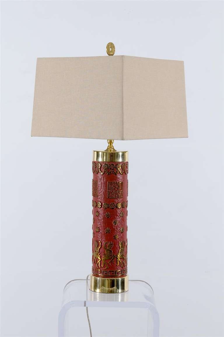 Fantastic Pair of Vintage Enamel and Brass Lamps In Excellent Condition For Sale In Atlanta, GA