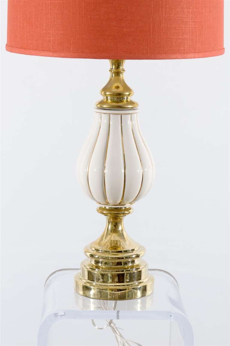 Beautiful Pair of Cream and Brass Lamps by Stiffel In Excellent Condition In Atlanta, GA