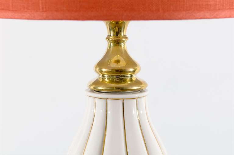 Ceramic Beautiful Pair of Cream and Brass Lamps by Stiffel