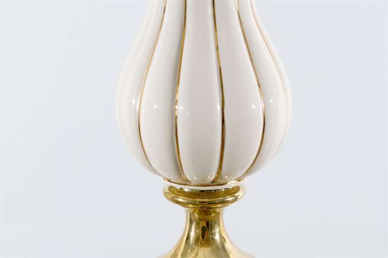 Beautiful Pair of Cream and Brass Lamps by Stiffel 1