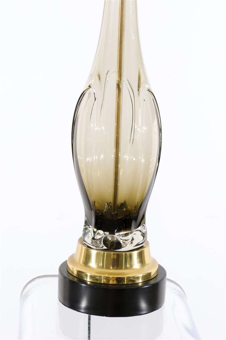 Fabulous Pair of Monumental Smoke Glass and Brass Murano Lamps In Excellent Condition In Atlanta, GA