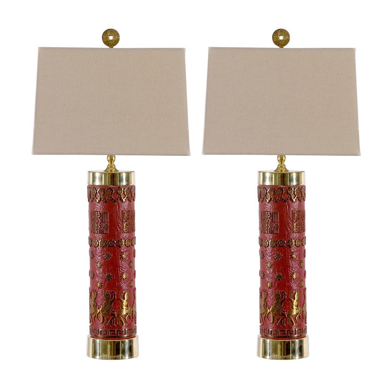 Fantastic Pair of Vintage Enamel and Brass Lamps For Sale