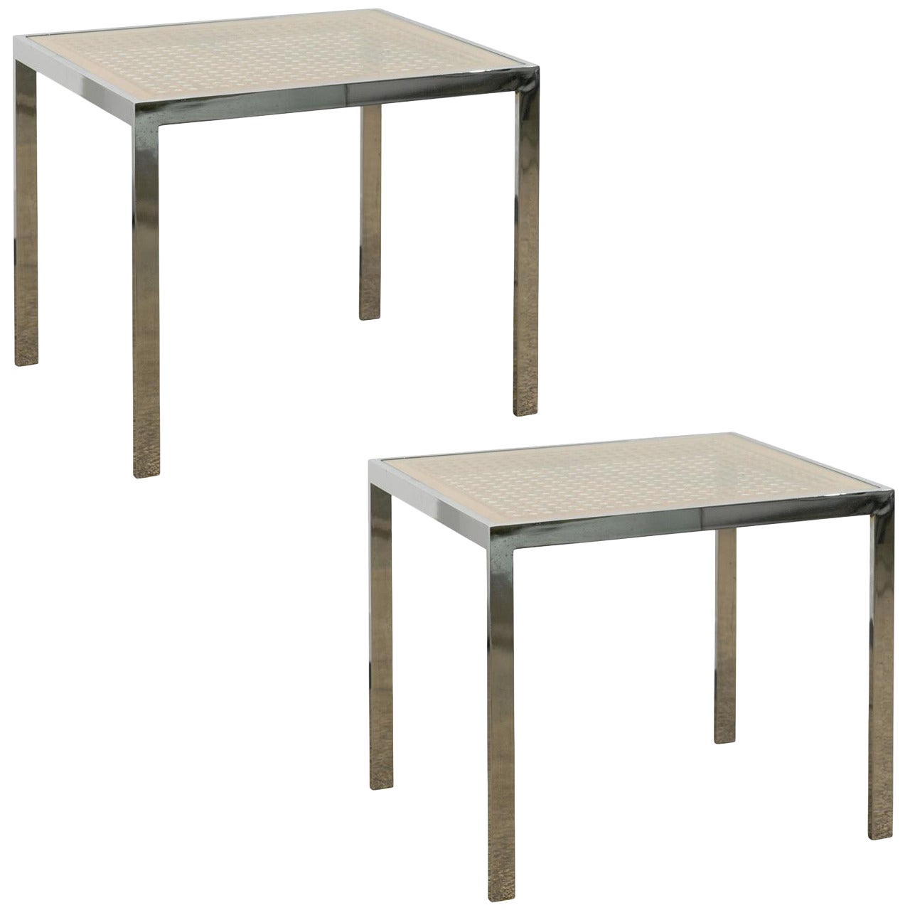 Pair of Caned Top and Chrome Base Side Tables with Glass Tops For Sale