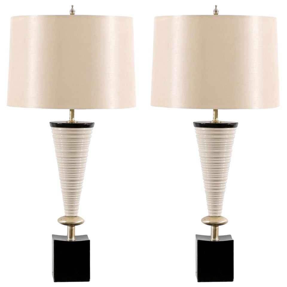 Magnificent Pair of Sculptural Cone Ceramic Lamps by Rembrandt