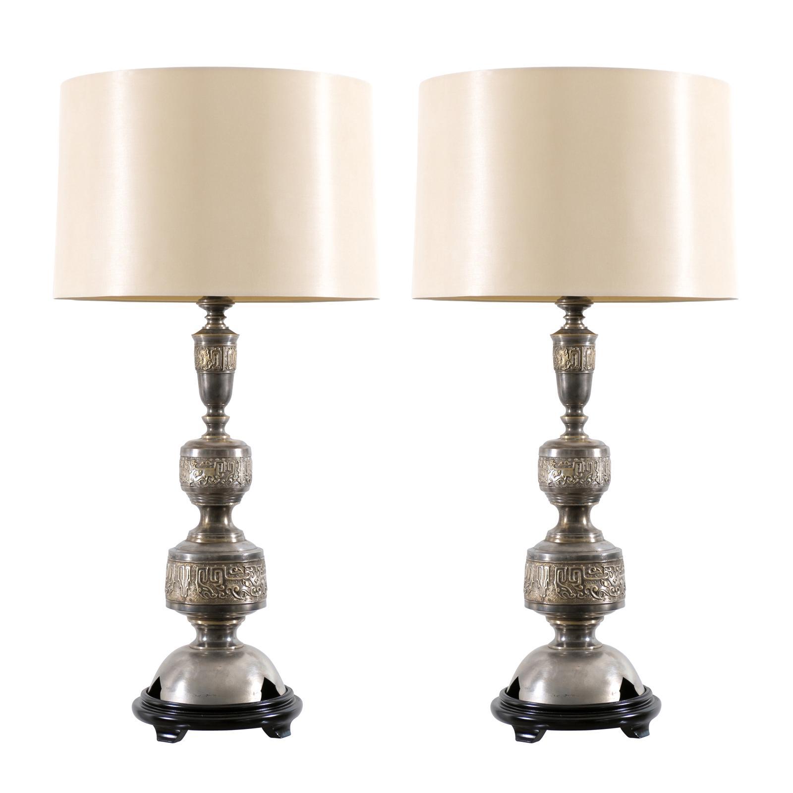 Majestic Pair of Pewter and Brass Marbro Lamps